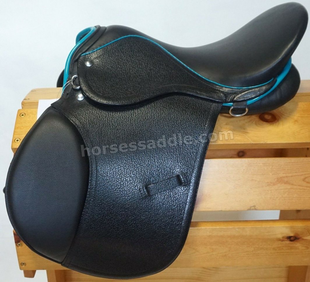 Equitem Leather Youth All Purpose AP English Saddle Only with Teal Trim - Image 3